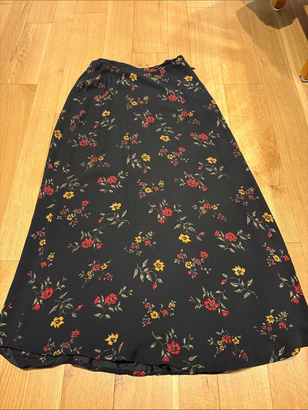 Jones New York Silk Black Maxi Skirt with Red and Yellow Floral Print